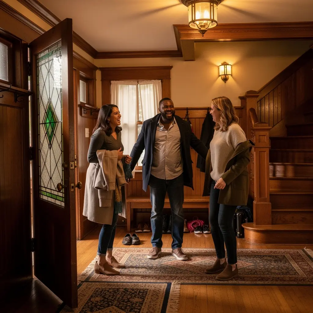 Уютный интерьер дома с большим количеством естественного света и оригинальными элементами дизайна.